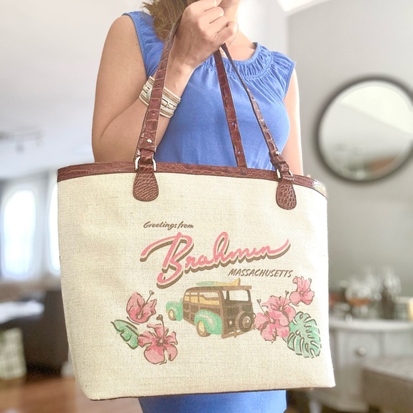 NWT Brahmin Pecan Pipa Leather and canvas Tote Bag and wristlet - Picture 8 of 14